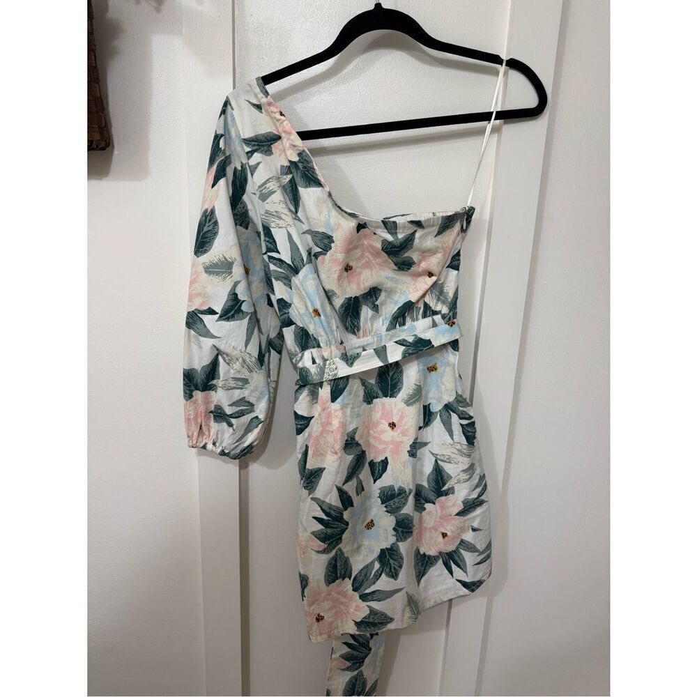 One-Shoulder Floral Mini Dress in White with Pink & Green